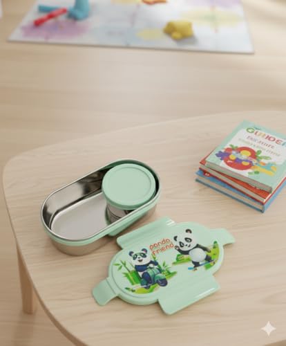 Image of BLAL BLALOval Stainless Steel Lunch Box with 1 Small Box Compact Design Airtight Leak Proof Lunch Box for Office, School, Picnic-600Ml+100Ml (Green)