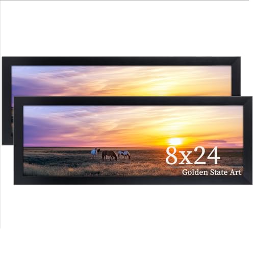 Image of Golden State Art, 8x24 Picture Frame, Black Solid Wood with Tempered Glass, 8 x 24 Frame for Horizontal or Vertical Gallery Wall, Large Size Poster Frames, 2 Pack