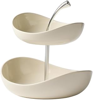 Fruit Bowl for Kitchen Counter Ceramic Fruit Rack Basket Decorative Serving Tray for Snacks Fruits Stand Tiered Fruits Platter Vegetable Storage Cake, Dessert, Nuts (White-Double layer)