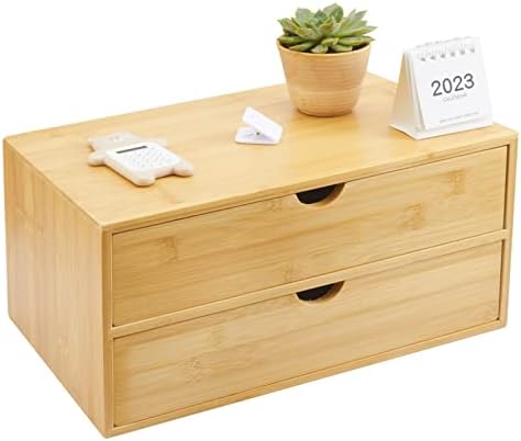 Charmlife Bamboo Desk Organizer Makeup Storage Drawer 2 Drawers Tabletop Storage Organization Box Home Office Workspace Bathroom Toiletries Supplies No Assembly Required