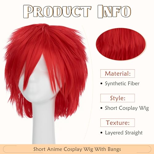 Image of S-noilite Unisex Short Red Wig With Bangs Fluffy Heat Resistant Synthetic Hair Wigs for Men Women Halloween Party Costume Cosplay Anime Comic-con Wigs