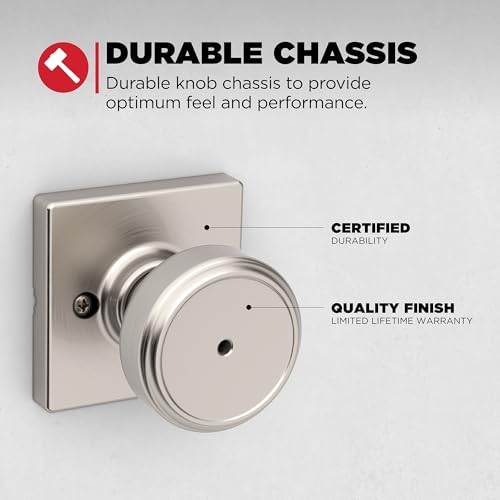Image of Kwikset Maven Interior Privacy Door Knob with Lock, Square Door Handle for Bathroom and Bedroom, Satin Nickel Keyless Turn Lock Doorknob, with Microban Protection