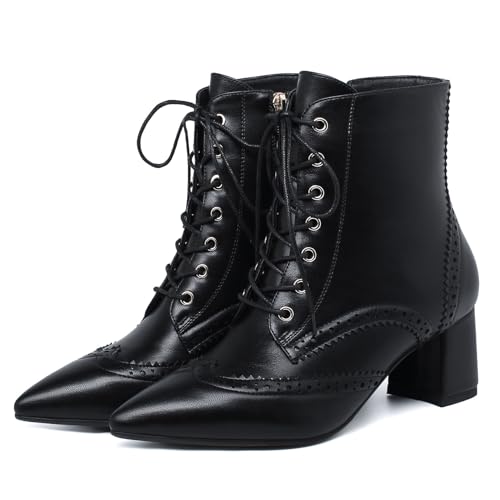 SHEMEE Women's Victorian Ankle Boots Lace UP Combat Boots for Women Booties Side Zipper Block Chunky Mid Heels Wingtip Oxford Boot Renaissance Shoes