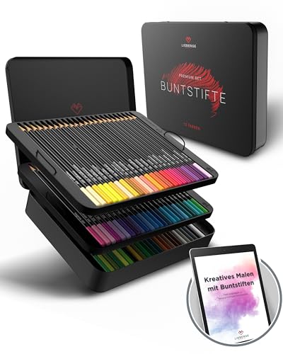 LIEBERGE Premium Buntstifte Set in Metallschatulle 72 Farben hochpigmentierte Colored Pencils bruchsicher weiche Farbabgabe | Malstifte für Erwachsene Kinder und Künstler (Metallschatulle)