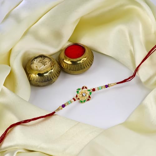 Image of Oblivion Peacock and Floral Beadwork Rakhi Set of 2 for Brother with Silver Colour Coin, Pooja Coin, Tilak Set and Greeting Card for Raksha Bandhan