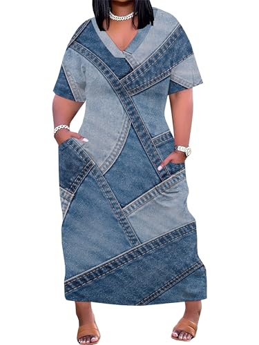 Image of SUZONANA Plus Size Denim Print Maxi Dresses for Women Casual V Neck Short Sleeve with Pockets Soft Jean Look Dress XL-6XL