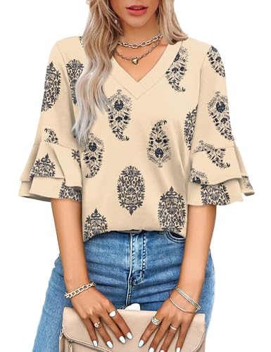 Image of OFEEFAN Spring Tops for Women Boho Shirts Fashion Clothing Cute 3 /4 Length Sleeve Blouses Dressy Casual Summer Outfits