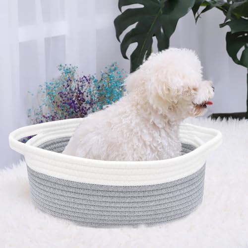 Image of ABenkle Small Basket with Handles, Boho Decorative Rope Woven Dog Cat Toy Storage Bin Shelf Storage Organizer, Easter Christmas Gift Basket, 12 inchx8 inchx5 inch, Grey
