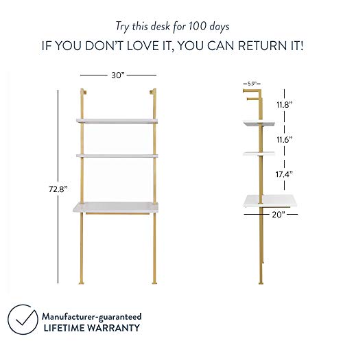 Nathan James Theo 2-Shelf Industrial Wall Mount Ladder Small Computer Or Writing Desk, White/Gold Brass #TOP3