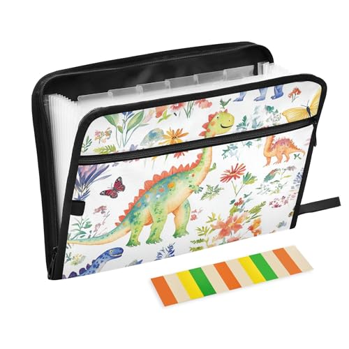 Dinosaur White Expanding File Folder with Sticky Labels, 13 Pockets Accordion File Folder Document Organizer Expandable Zip File Folder with Zipper Closure
