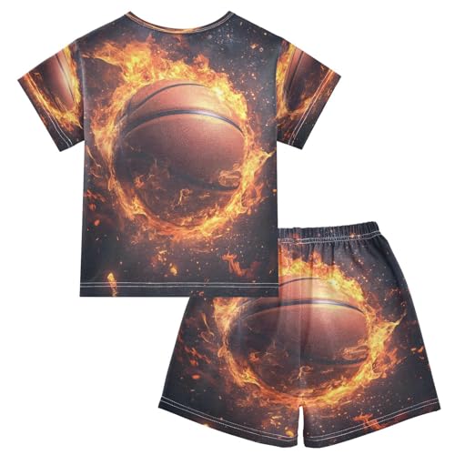 ALAZA Funny Ball Basketball Fire Black Pajamas Set Short Sleeve Cotton Sleepwear Summer Pjs 2 Piece 5-14Y2