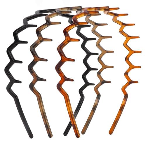 3PCS Zig Zag Headbands for Women Men, Plastic Wavy Hair Band with Teeth, Non Slip Thin Zigzag Head Bands Accessories Black Brown Amber