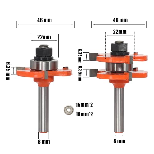 AKYLIN 3tlg 45 Grad Gehrungsfräser Nut und Feder Fräser Set 8mm Schaft,Scheibennutfräser mit 4 Lager,Holzfräser Wolframkarbid Hartmetall Fräser für die Holzbearbeitung