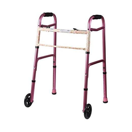 DMI Lightweight Aluminum Folding Walker with Easy Two Button Release, 5 Inch Wheels, Adjustable Height, Pink Floral