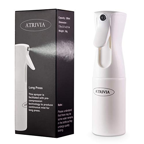 ATRIVIA Continuous Mist Spray Bottle - Fine Mist Spray Bottle for Curly Hair, Pets, Plants, Ironing, Skincare, 200 mL/7.04 oz., Reusable Airtight Water Mist Spray in White, Portable and Easy to Pump