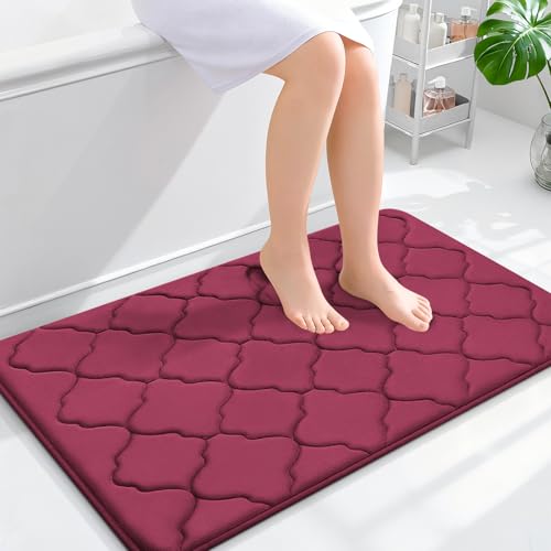 OLANLY Memory Foam Bath Mat Rug 36x24, Ultra Soft Non Slip and Absorbent Bathroom Rug, Machine Wash Dry, Comfortable, Thick Bath Rug Carpet for Bathroom Floor, Tub and Shower, Burgundy
