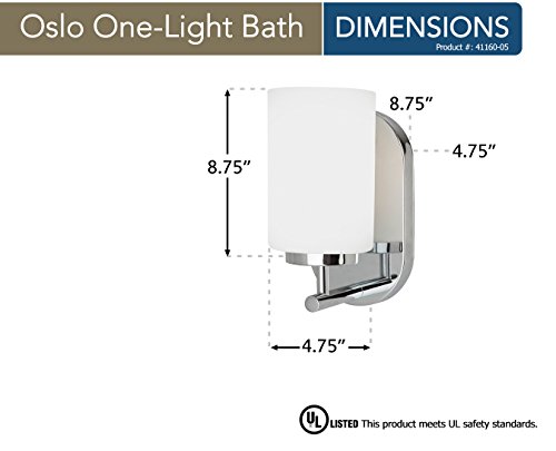 Image of Generation Lighting 41160-05 Oslo One Light Bath or Wall Light Fixture with Cased Opal Etched Glass Shade, Chrome Finish, 5 Inch x 5 Inch x 9 Inch, 100 Total Watts