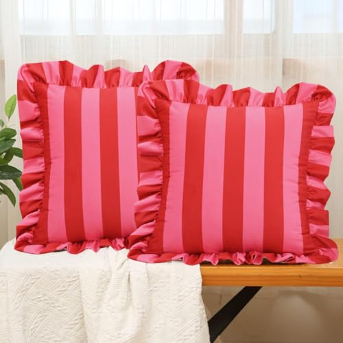 vctops Ruffle Square Throw Pillow Covers Boho Pink and Red Striped Decorative Pillowcases Set of 2, Soft Velvet Accent Cushion Cover Cases for Sofa Bed Living Room Decor (Pink,18