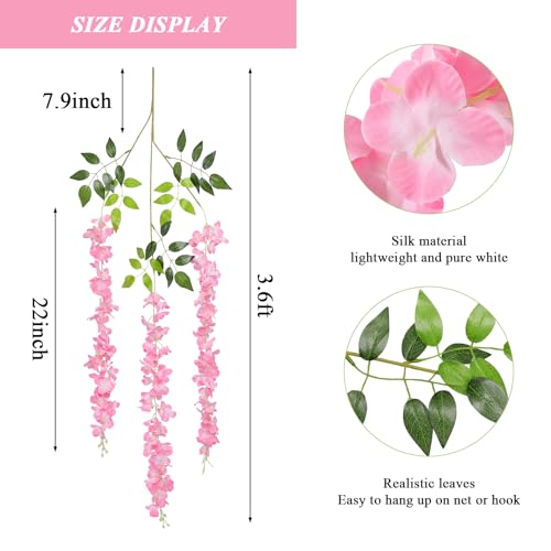 Pauwer Wisteria Hanging Flowers 24 Pack Fake Flower Garland Artificial Wisteria Vines Rattan Silk Flower String Wedding Party Wall Decorations,Pink - Thumbnail 3