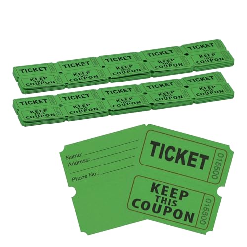 200 Pcs Double Roll Raffle Tickets, 50/50 Perforated Tickets with Consecutive Numbers, Tearable & Writable for Events, Carnivals, and Drawings(Green)