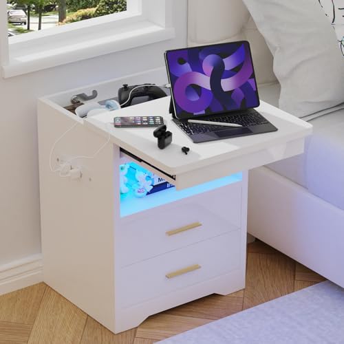 Mesita de Noche con Enchufe y luz LED, Mesa de Noche con Cerradura de Seguridad y Armarios Deslizantes Ocultos, Mesitas de Noche Blanco con 3 Cajones, 39x44x58cm Cómoda de Noche para Salón, Dormitorio