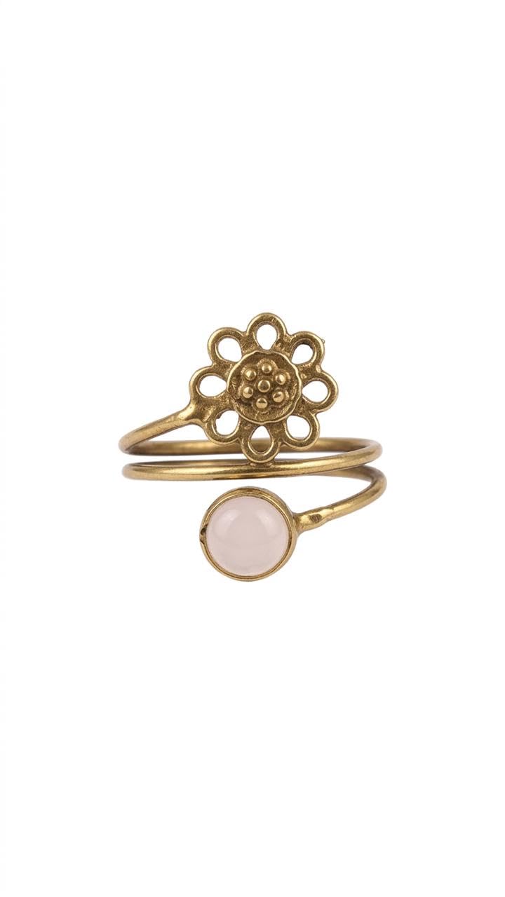 Gold-Tone Floral Stacking Ring Set with Moonstone Cabochon, Boho Style, Women's Fashion Jewelry