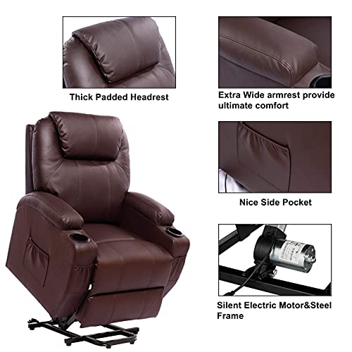 Living Room Power Lift Massage Recliner Chair For Elderly Pu Leather Heated Recliner Ergonomic Lounge Vibratory Massage Function With Cup Holders/Heating/Remote Control Brown #TOP3