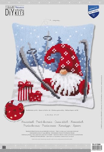 Image of Vervaco Cross Stitch Christmas Embroidery Kits Pillow Front for Self-Embroidery with Embroidery Pattern on 100% Cotton, 15,75 x 15,75 Inches - 40 x 40 cm, Christmas Gnome Skiing