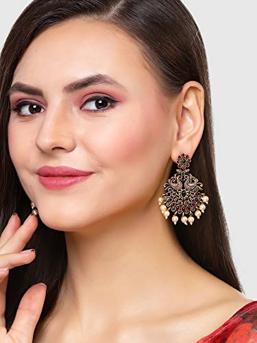 Karatcart Antique Gold Plated Red and Green Kundan Studded Dangler Earrings for Women - Image 2