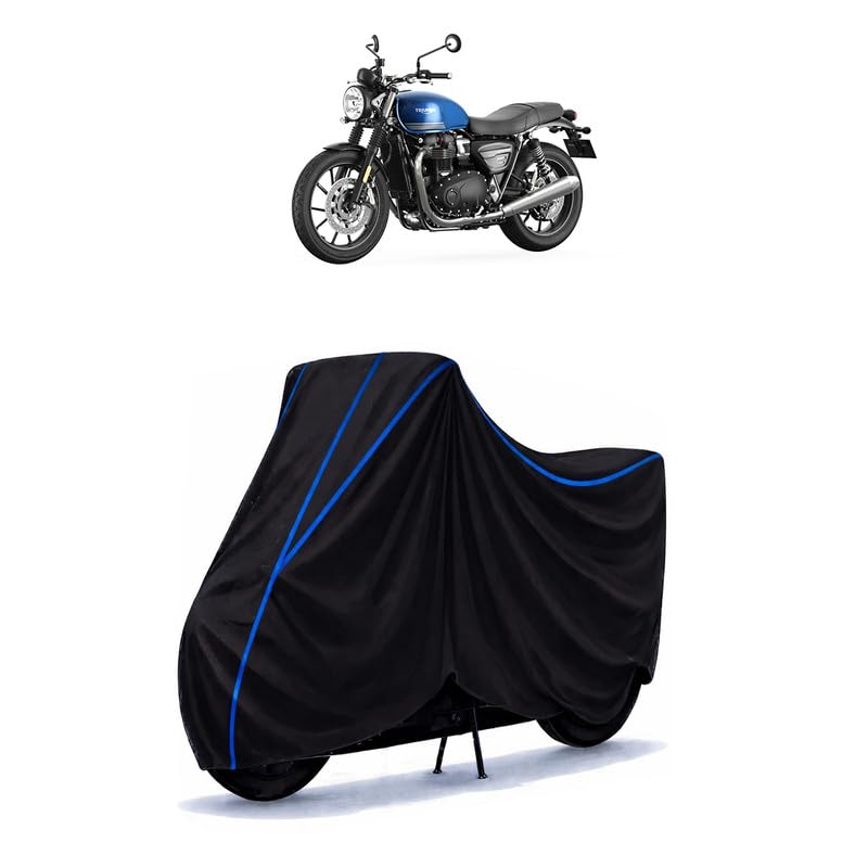 Image of Triumph Street Twin Bike Cover Water Resistant Universal Motorcycle Rain | Heavy Duty UV Protection, Dust, Scratch Indoor Outdoor All Weather with Black Blue Piping Elastic