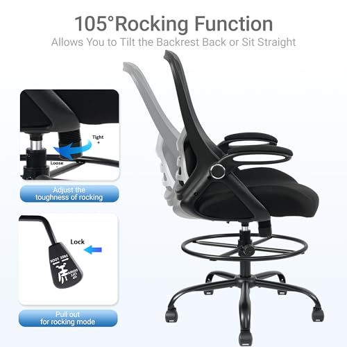 Image of HYLONE 400lbs Big and Tall Heavy Duty Drafting Chair 5 inch Thickened Seat Tall Office Chair Flip-Up Armrests Ergonomic Chair with Lumbar Support and Adjustable Footrest Ring Standing Desk Chair (Black)