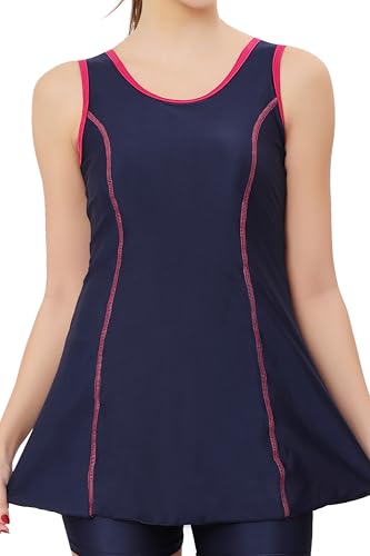 Image of BOSKY Women Frock Style One Piece Swimming Costume Stretchable Swimwear Ladies Swimsuit Flexible Fit Sleeveless Swim Dress Suit Set