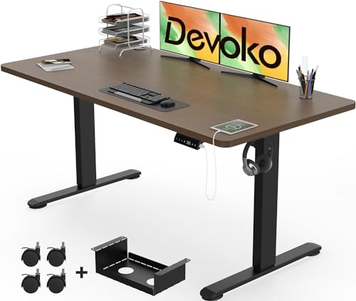 Devoko Electric Standing Desk 140x70cm with USB Charging Height Adjustable Desk with Desktop Sit Stand Up Desk Heavy Duty Steel 3 Memory Smart Pannel(Walnut) option
