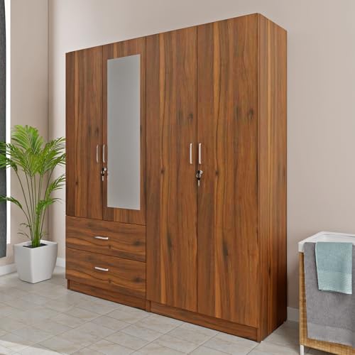 Image of VIKI Wardrobe |Wooden Almirah for 4 Door 2 Drawer with Shelves & Hanging Space Mirror Wardrobe (Brussel Walnut - 40D x 160W x 180.8H)| 1 Year Warranty | Free Assembly
