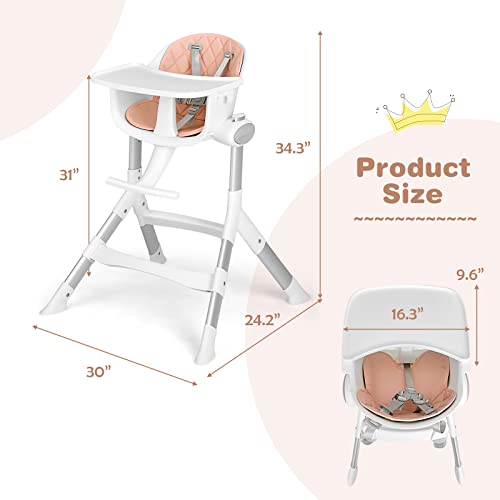 Image of INFANS Baby High Chair, Modern Convertible Design Highchair with Aluminum Construction, 5 Different Heights, Removable Tray, Detachable PU Leather Cushion, Dinning Seat for Infant and Toddlers Pink