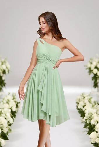 Women's One Shoulder Short Bridesmaid Dresses A Line Chiffon Pleated Formal Party Dress with Ruffled3