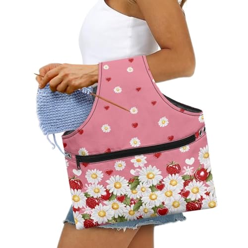 Image of KUIFORTI Daisy Knitting Yarn Bag Floral Yarn Bags for Crocheting on The Go Crochet Storage Bag for Women Girls at Home Travel Yarn Tote for Knitting Needles Floral Print Home Gifts