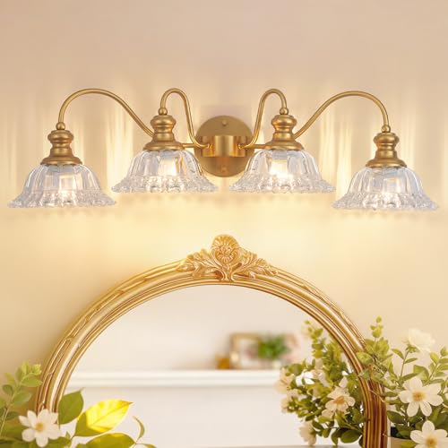 Image of 4 Lights Gold Vintage Bathroom Vanity Light Fixture Over Mirror | Floral Transparent Glass Shades,Antique Wall Sconces,Wall Mount Up or Down, E26 Socket, Hardwired