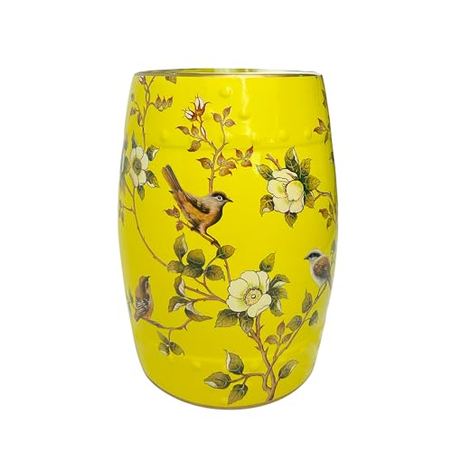 Onipig Hand-Painted Floral Bird Ceramic Drum Stool - Oriental Artistry Storage Ottoman, Accent Seat, End Table (Song of Nine Miles)