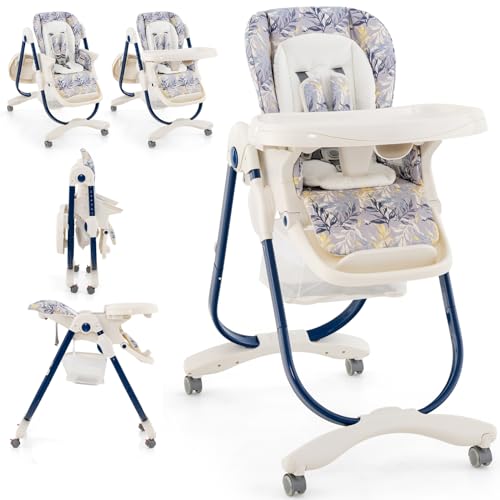 Maxmass Baby High Chair, Foldable Infant Highchair with Removable Tray, Lockable Wheels, Storage Bag, 5-Point Belt, Adjustable Height, Backrest & Footrest, Toddlers Dining Chair for 6-36 Months (Navy)