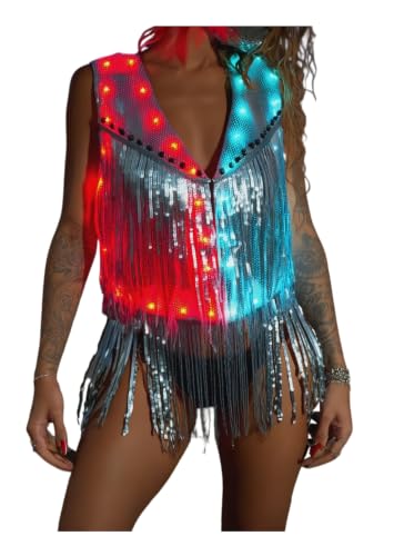 Wuwdysa Womens Led Light Up Sequin Fringe Vest Sparkly Fitted Jacket Silver Shiny Glitter Tops Cowgirl Disco Party S