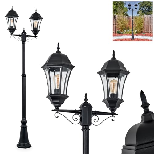 HOFSTEIN Kandelaber Etoe, Außenwegeleuchte aus Metall/Glas in Schwarz/Klar, Leuchte im Vintage/Antik/Landhaus-Design für Außenbereich/Garten/Terrasse, Höhe 250 cm, 2 x E27, ohne Leuchtmittel, IP44