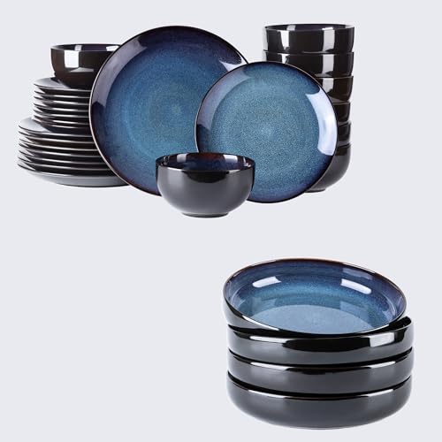 Image of LERATIO Ceramic Dinnerware Sets for 8,Stoneware Plates and Bowls Sets,Handmade Reactive Glaze Dishes Set,Chip Resistant and Scratch Resistant | Oven&Dishwasher & Microwave Safe-Blue(24PCS)