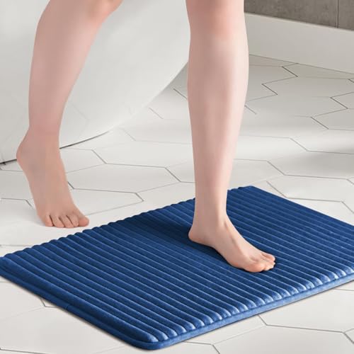 Image of SANMARINO Ultra Soft Memory Foam Bath Mat 16 inch x 24 inch | Non-Slip, Thick & Water Absorbent Bathroom Rug | Quick Dry Shower Floor Mat | Bath Rug for Bathroom & Home Decor - (Blue, 40 x 60 cm)