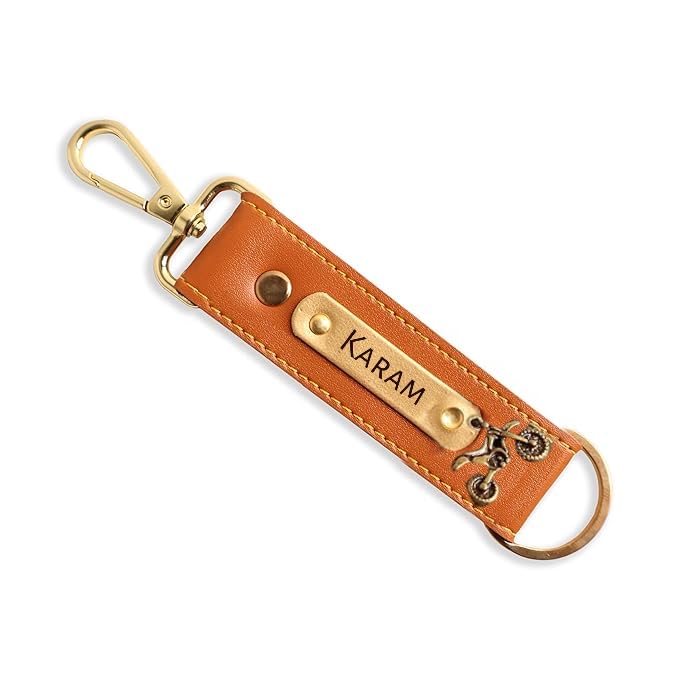 Image of Men's Leather Keychain Name Leather Keychains for Mens | Personalized Keychains with Name Printed Customized Keychain for Men | Customised Gift Set for Men with & Charm, Red