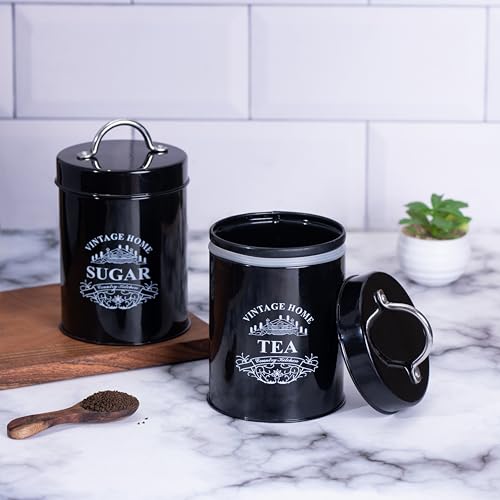 Image of Metallure Home Round Classic Tea Sugar Container Set of 2 | Metal Container for Kitchen Storage | Airtight Jar Set | Food-Safe Tea Jars for Kitchen (Black)