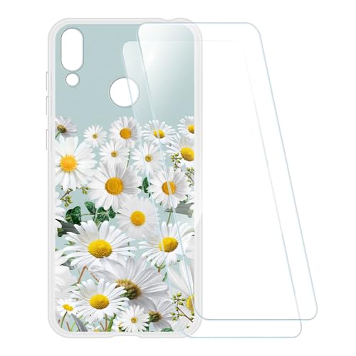 ESCAMOT Funda Estampada + 2 Protectores de Pantalla Vidrio Templado Compatible con Huawei Honor 8C, Carcasa Suave Antigolpes y Película HD (Flor 5)
