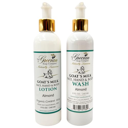 The Grecian Soap Company Goat Milk Lotion & Body Wash Set – Almond Scent, 8oz Each – Body Lotion & Face Wash, Moisturizing Skin Care Set for All Skin Types, Hydrating Skincare