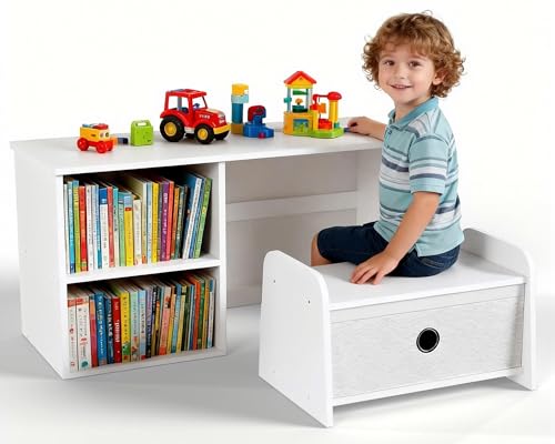 Faesun Kids Bookshelf with Bench, Toddler Table with Reading Nook, Montessori Shelf with Fabric Drawer, Toy Organizers and Storage for Kids Rooms, Nursery, Playroom, Bedroom, White