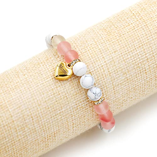 Image of Uloveido Natural Stone Mom Heart Charms Beaded Bracelets for Mum from Son or Daughter With Massage Card and Box | Mothers Day Jewelry Gifts